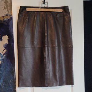 Luxe Calf New W/O Tag Chocolate Leather Front/Back Slit Knee Length Skirt 10